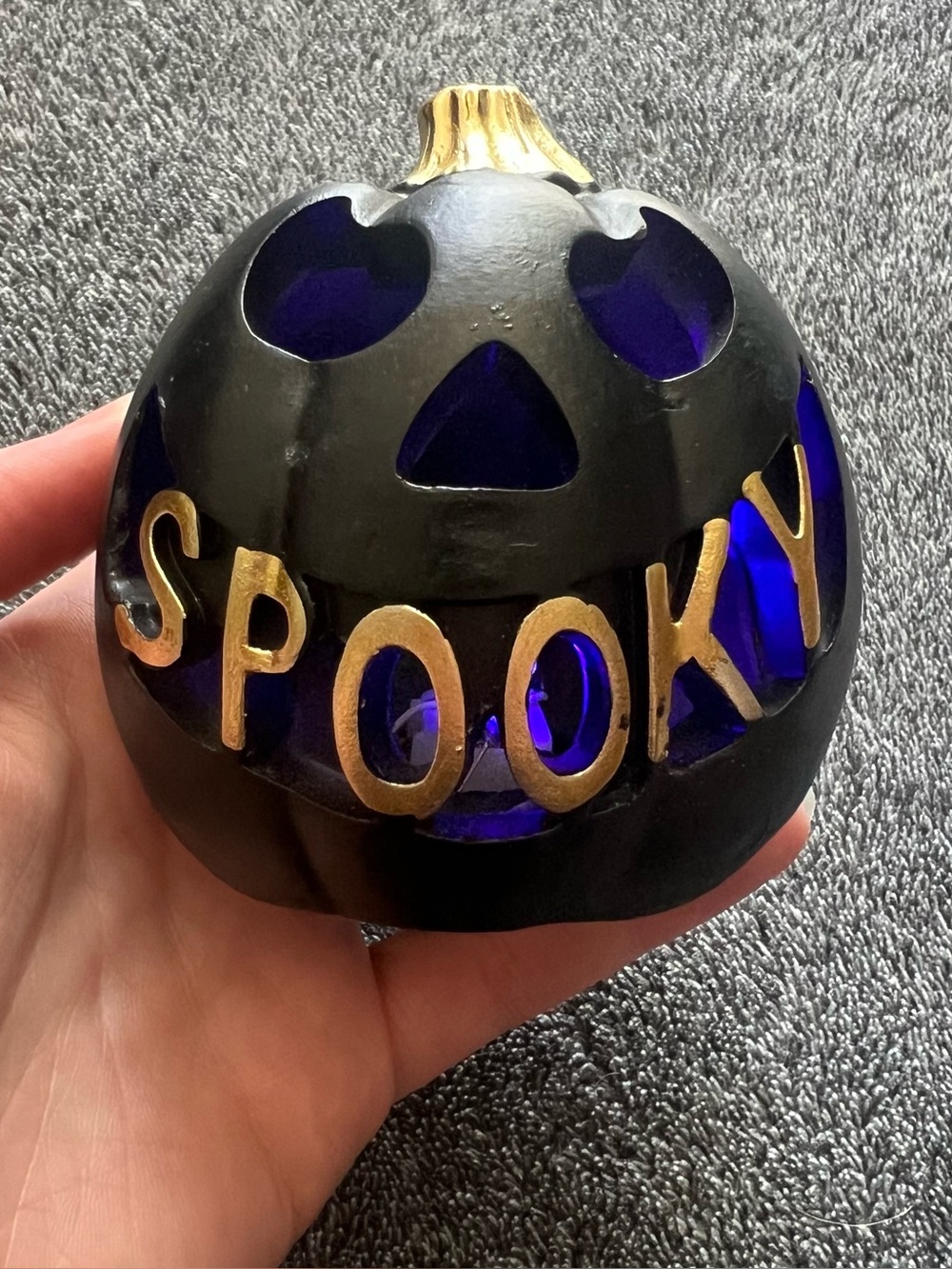 Black Pumpkin Lantern with Gold 'SPOOKY' Lettering flashing multi color